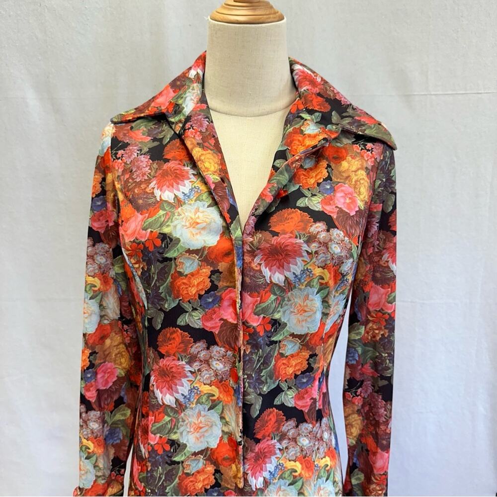 Vintage 70s Garden Colorful Floral Button Down Midi Shirt Dress Size 14 - Picture 4 of 16